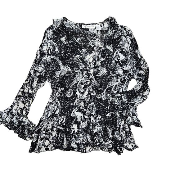Vtg Dressbarn Floral Semi Sheer Blouse Womens L Black Ruffle Y2K Grunge Fairy - Picture 1 of 9